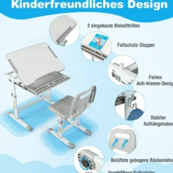Höhenverstellbares Kinderschreibtisch Set mit Neigbarer Tischplatte & Schublade mit Stuhl Grau