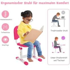 Höhenverstellbares Kinderschreibtisch Set mit Neigbarer Tischplatte & Schublade Rosa