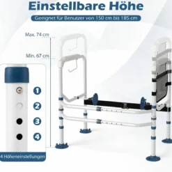 Höhenverstellbare Wc Aufstehhilfe Breitenverstellbar mit Elastischem Band Netz Tasche Halter für Senioren Weiß