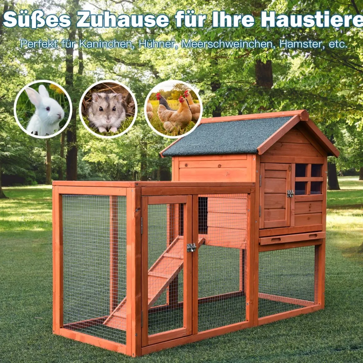 Hühnerstall Hühnerhaus wetterfest Kaninchenkäfig mit ausziehbarem Tablett Hühnervoliere für Kaninchen Holz