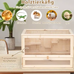 Hölzerne Hamsterkäfig mit Netz-Klappdeckel & Multi-Leitern Hamster Lebensraum Laufstall
