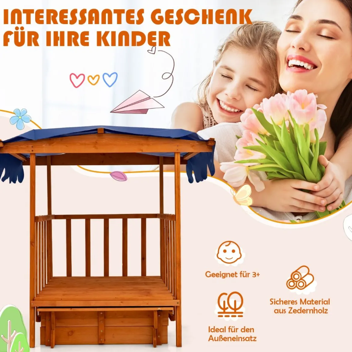 Hölzerner Sandkasten für Kinder Kinder-Spielstation mit Spielhaus Natürlich + Blau