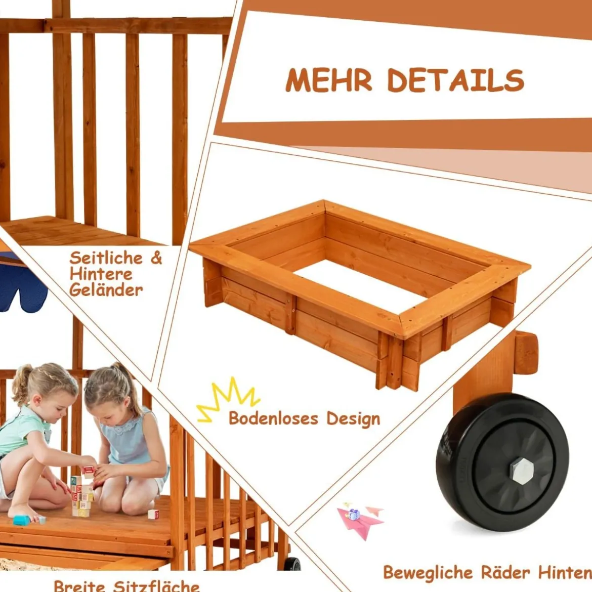 Hölzerner Sandkasten für Kinder Kinder-Spielstation mit Spielhaus Natürlich + Blau