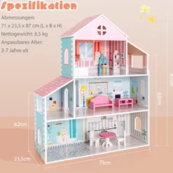 Hölzernes Puppenhaus mit 8-teiligem Möbelset für Kinder ab 3 Jahren 71 x 23,5 x 87 cm