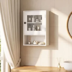 Hängender Badezimmerschrank mit Glastür 35 x 18 x 51 cm Wandschrank mit Offenem Fach Weiß
