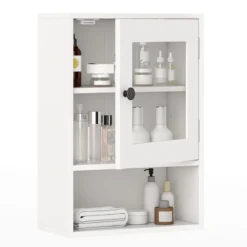 Hängender Badezimmerschrank mit Glastür 35 x 18 x 51 cm Wandschrank mit Offenem Fach Weiß