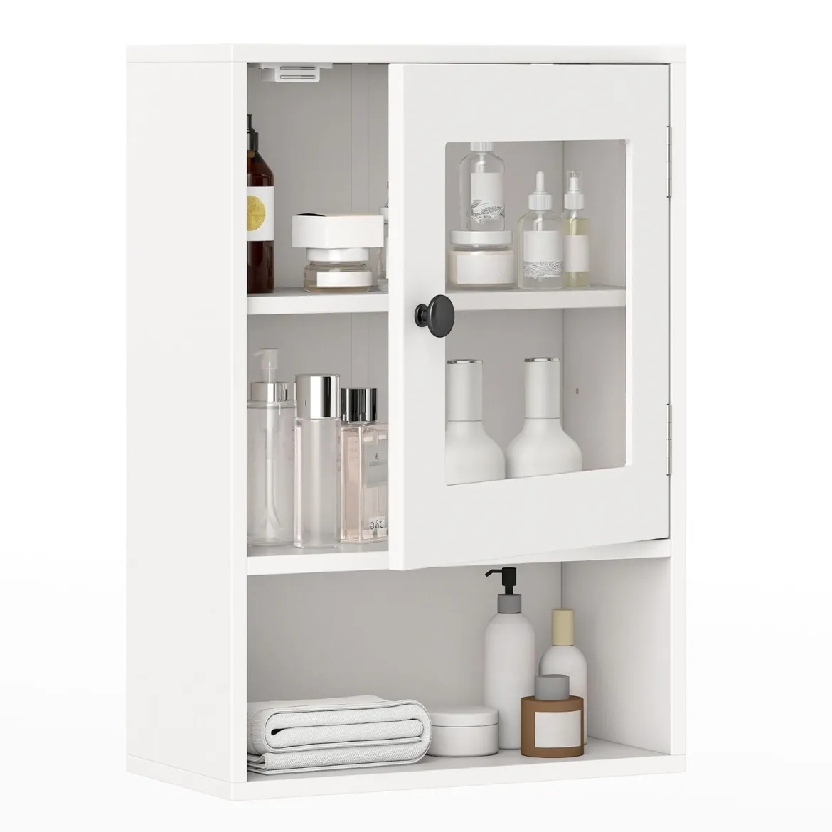 Hängender Badezimmerschrank mit Glastür 35 x 18 x 51 cm Wandschrank mit Offenem Fach Weiß