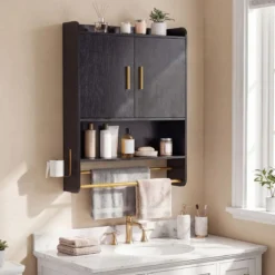 Hängender Badezimmerschrank 2 Türen Ablagen Handtuchhalter Verstellbar 55x20x80 cm Schwarz