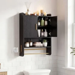 Hängender Badezimmerschrank 2 Türen Ablagen Handtuchhalter Verstellbar 55x20x80 cm Schwarz