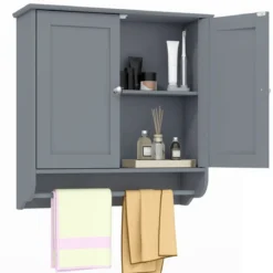 Hängender Badschrank mit Handtuchhalter Badezimmerschrank 60 x 21 x 61 cm Grau