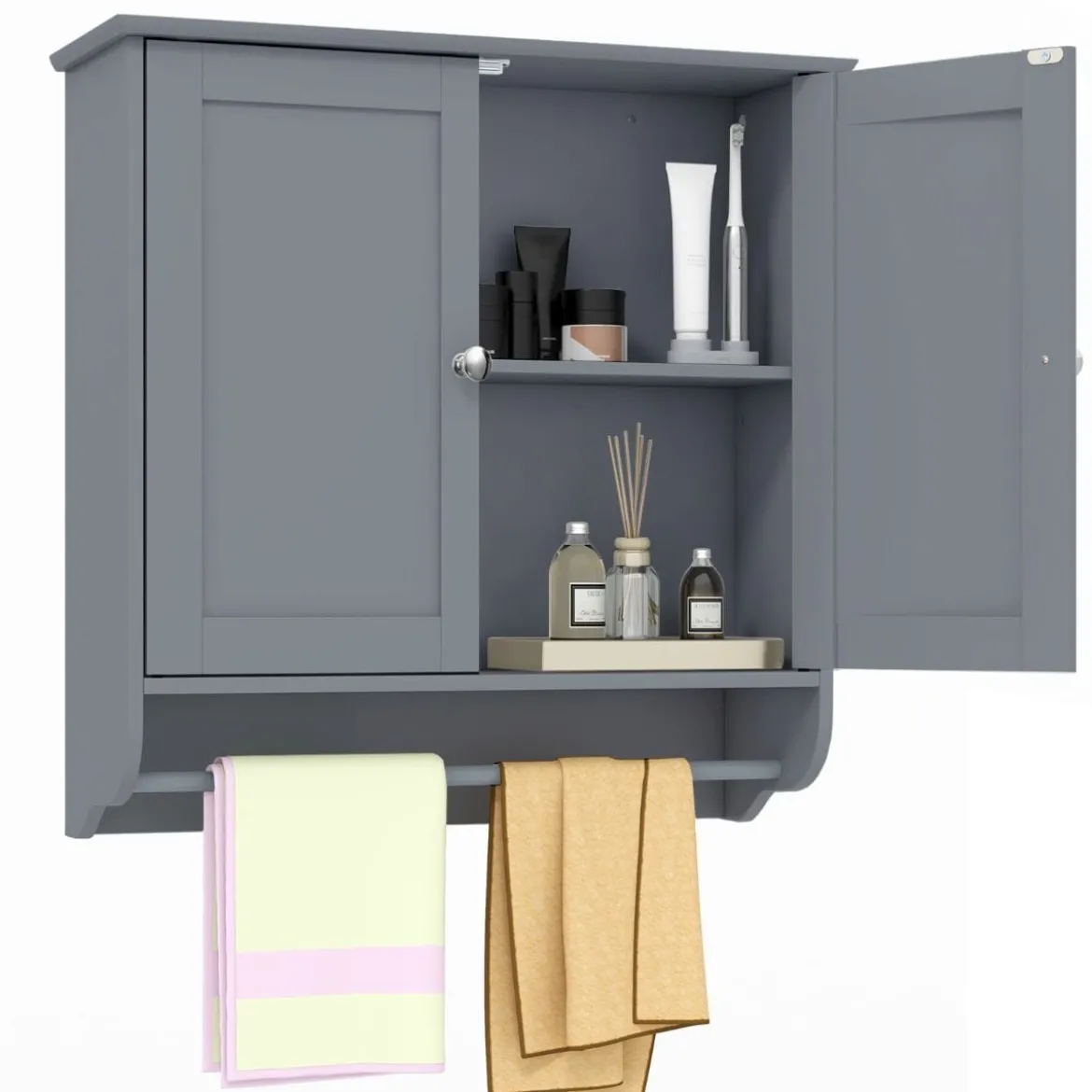 Hängender Badschrank mit Handtuchhalter Badezimmerschrank 60 x 21 x 61 cm Grau
