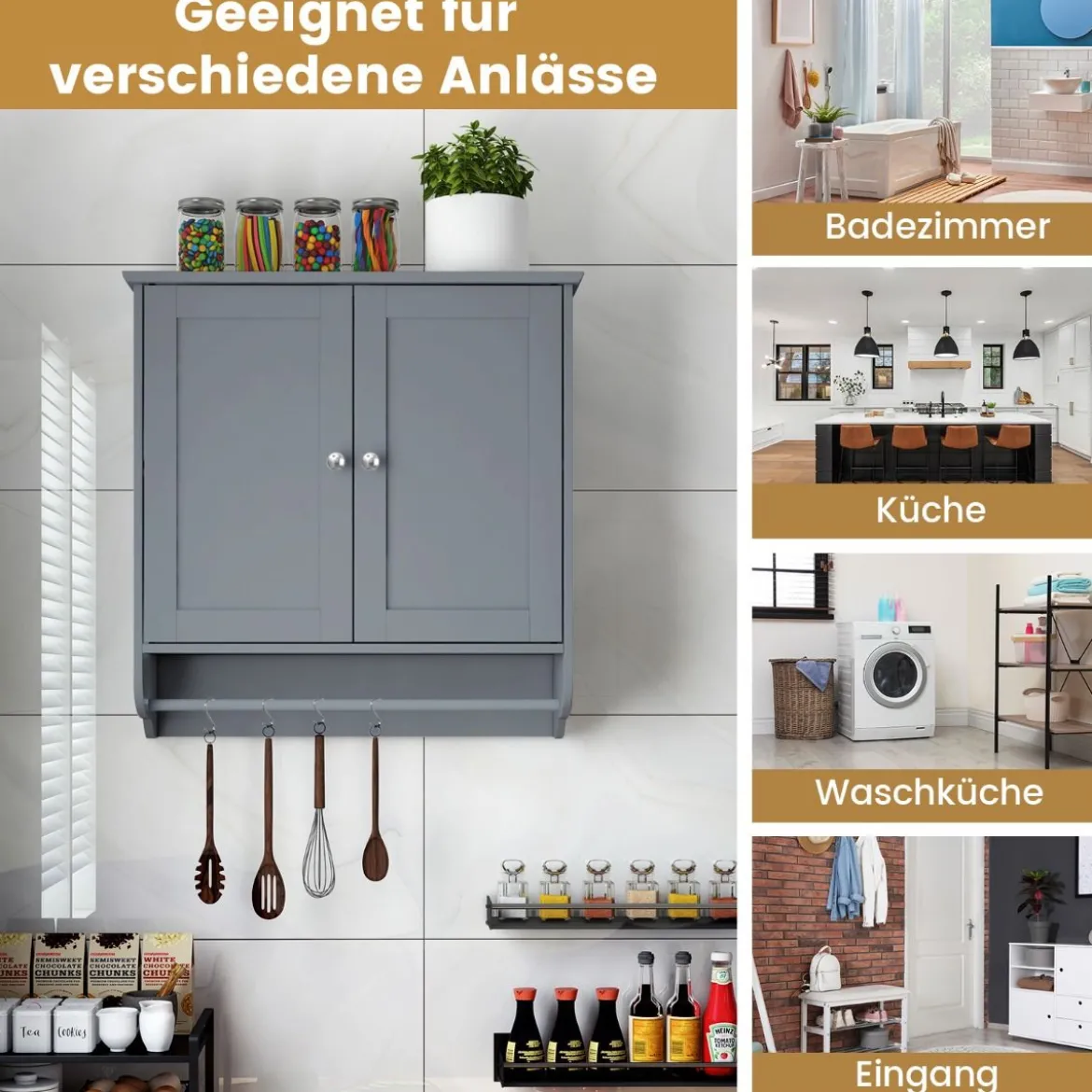 Hängender Badschrank mit Handtuchhalter Badezimmerschrank 60 x 21 x 61 cm Grau
