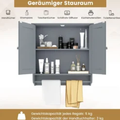 Hängender Badschrank mit Handtuchhalter Badezimmerschrank 60 x 21 x 61 cm Grau