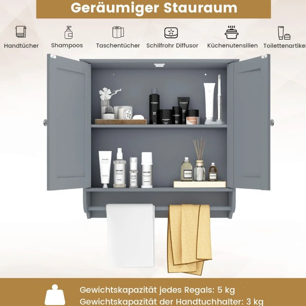 Hängender Badschrank mit Handtuchhalter Badezimmerschrank 60 x 21 x 61 cm Grau