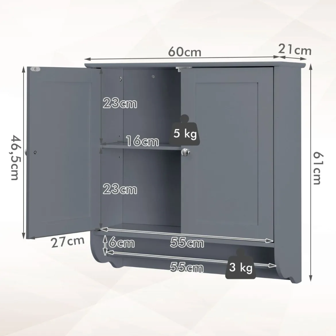 Hängender Badschrank mit Handtuchhalter Badezimmerschrank 60 x 21 x 61 cm Grau
