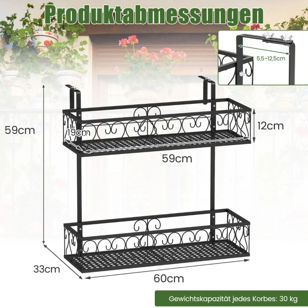 Hängeregal2-Stöckiger Blumentopfhalter 60 x 33 x 59 cm Schwarz