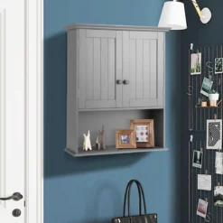 Hängeschrank mit Doppeltür & Einstellbarer Regalhöhe Medizinschrank Wandschrank Grau