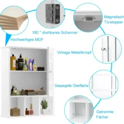 Hängeschrank mit Verstellbarem Einlegeboden & Offenen Fächern Spiegelschrank 50 x 16 x 61 cm Weiß