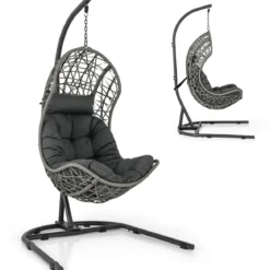 Hängesessel aus PE-Rattan mit Gestell & Weichem Kissen Hängekorb Sessel Hängeschaukel Grau