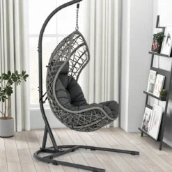 Hängesessel aus PE-Rattan mit Gestell & Weichem Kissen Hängekorb Sessel Hängeschaukel Grau