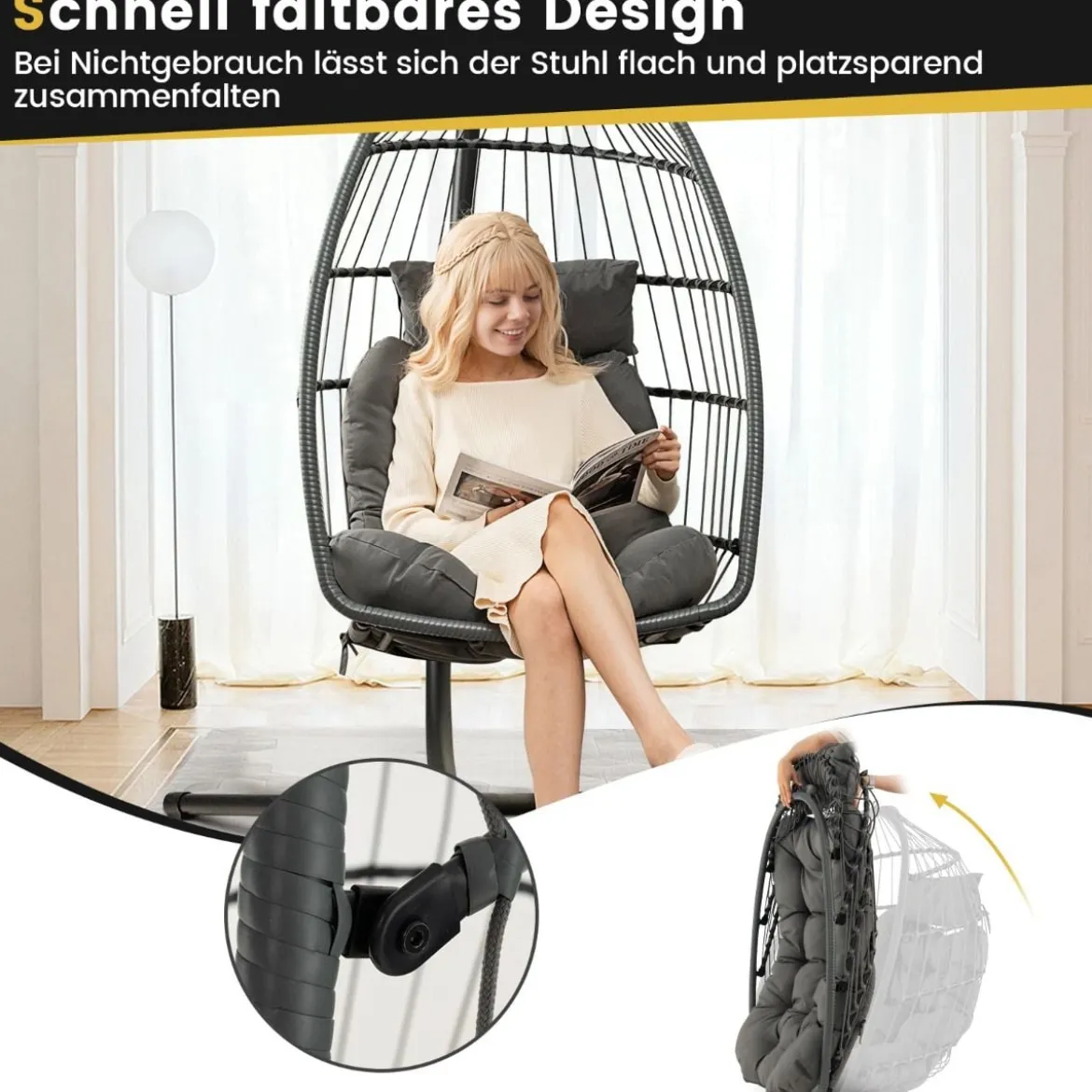 Hängesessel + Hängesesselgestell Set PE-Rattan Hängekorb Sessel Metall Gestell