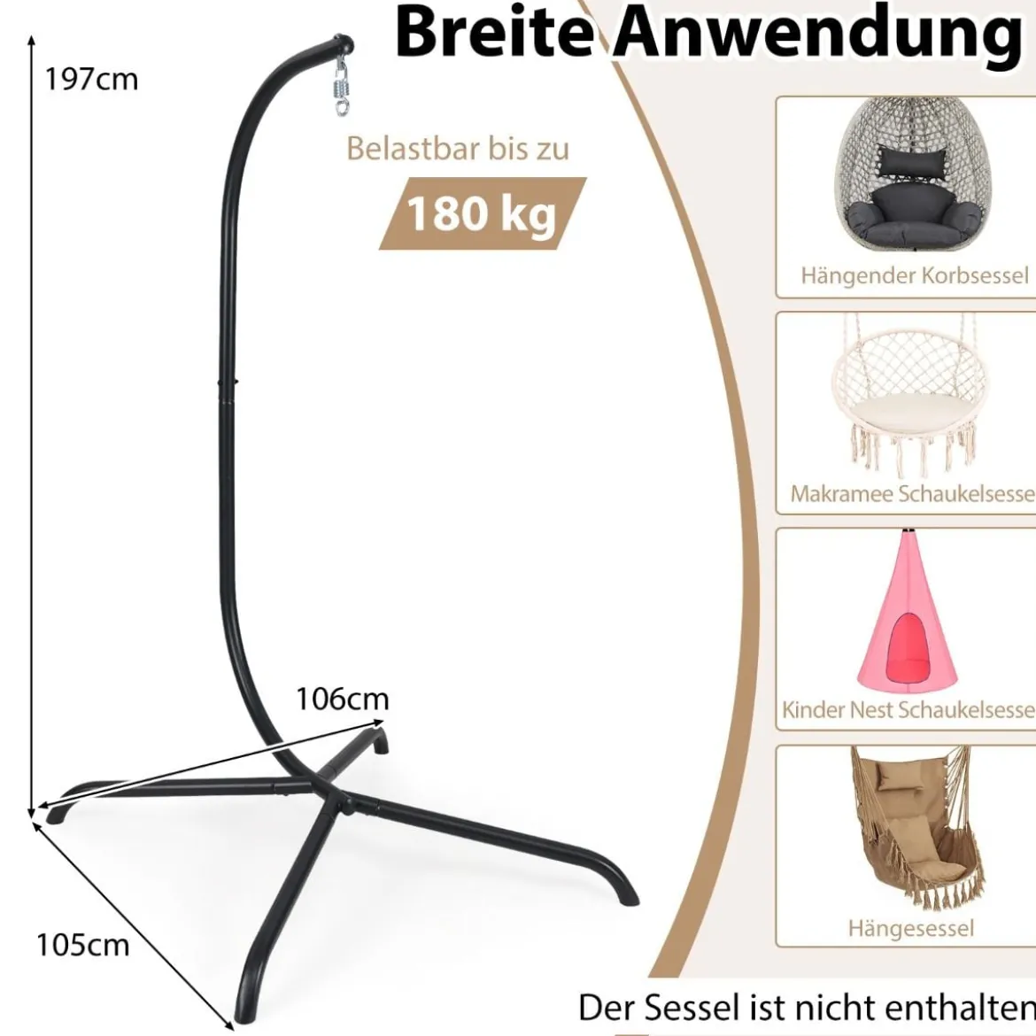 Hängesessel + Hängesesselgestell Set PE-Rattan Hängekorb Sessel Metall Gestell
