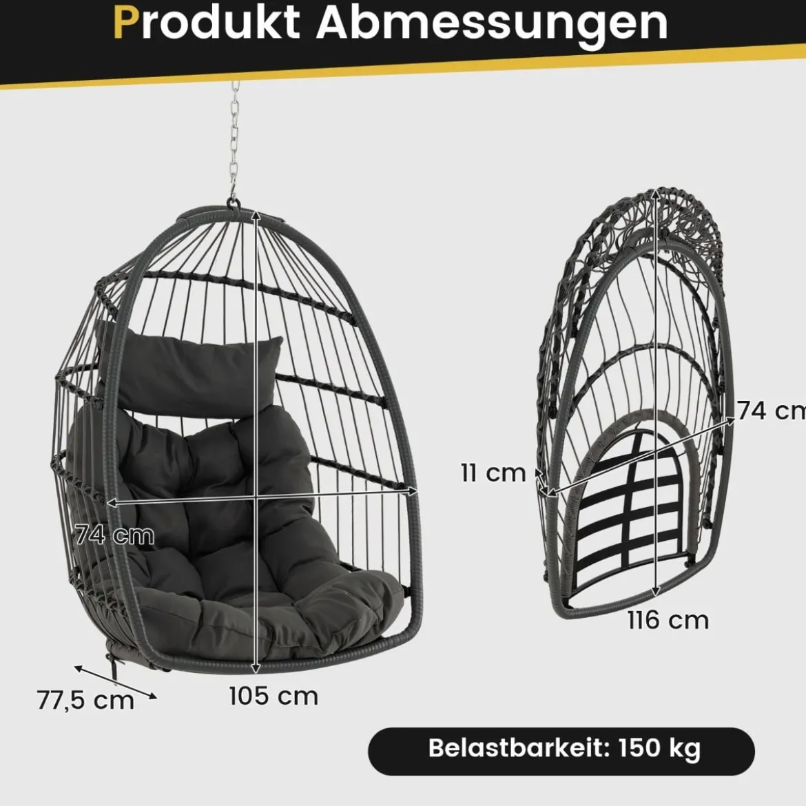 Hängesessel + Hängesesselgestell Set PE-Rattan Hängekorb Sessel Metall Gestell