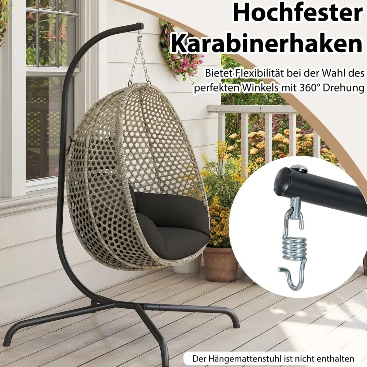 Hängesessel + Hängesesselgestell Set PE-Rattan Hängekorb Sessel Metall Gestell