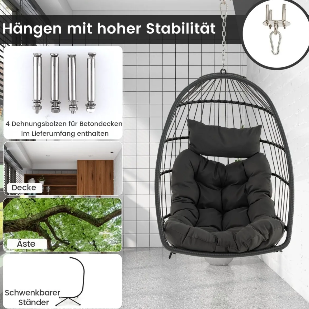 Hängesessel + Hängesesselgestell Set PE-Rattan Hängekorb Sessel Metall Gestell