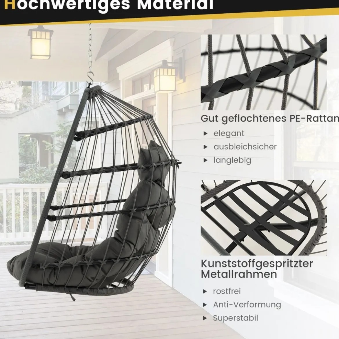 Hängesessel + Hängesesselgestell Set PE-Rattan Hängekorb Sessel Metall Gestell
