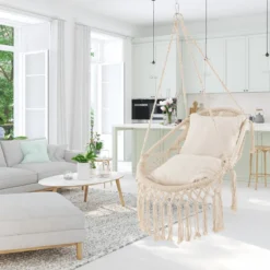 Hängesessel mit 2 Kissen Hängestuhl bis 150 kg belastbar 101 x 69 cm Beige
