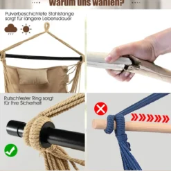Hängesessel mit 3 Kissen Schaukelsessel mit Seil zum Aufhängen bis 150kg Belastbar Beige