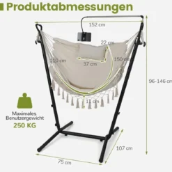 Hängesessel mit Ständer höhenverstellbarer Hängesitz mit Kissen 152 x 107 x 96–146 cm Tragbarkeit bis zu 250 kg Beige