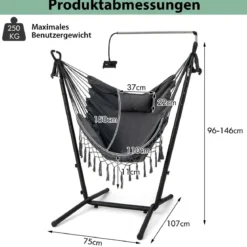 Hängesessel mit Ständer höhenverstellbarer Hängesitz mit Kissen 152 x 107 x 96–146 cm Tragbarkeit bis zu 250 kg Grau