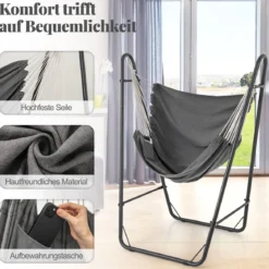 Hängesessel mit u-förmiger Gestell Hängeschaukel aus Baumwolle-Polyester mit Seitentasche Grau