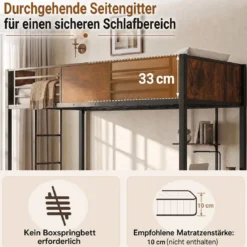 Hochbett aus Metall Etagenbett mit Schreibtisch & Offenen Regalen Jugendbett mit Sicherheitsgeländer
