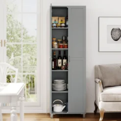 Hoch Küchenschrank mit 2 Türen & Verstellbarem Regal Modern Vorratsschrank Buffetschrank Grau
