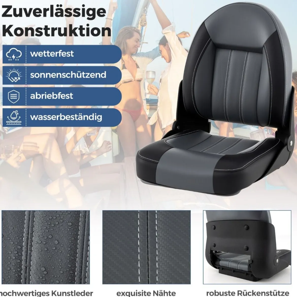 Hochlehner Bootssitz 2er Set klappbarer Bootsstuhl mit 7 cm dicker Schaumstoffpolsterung