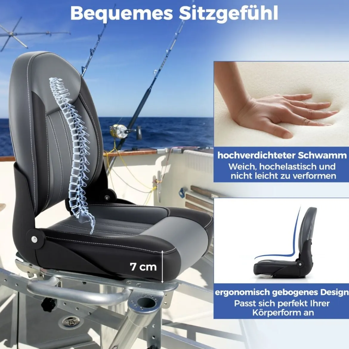 Hochlehner Bootssitz 2er Set klappbarer Bootsstuhl mit 7 cm dicker Schaumstoffpolsterung