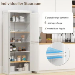 Hochschrank mit 4 Türen & 6 Fächern & 2 Verstellbaren Regalböden Badezimmerschrank Weiß