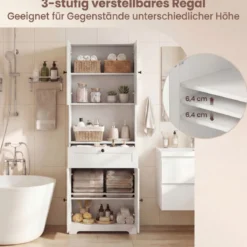 Hochschrank mit 4 Türen & 1 Schublade & Offenes Fach & 3-Fach Verstellbares Regal Weiß