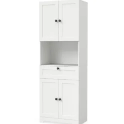 Hochschrank mit 4 Türen & 1 Schublade & Offenes Fach & 3-Fach Verstellbares Regal Weiß