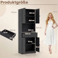 Hochschrank mit 4 Türen & 1 Schublade & Offenes Fach & 3-Fach Verstellbares Regal Schwarz