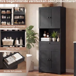 Hochschrank mit 4 Türen & 1 Schublade & Offenes Fach & 3-Fach Verstellbares Regal Schwarz