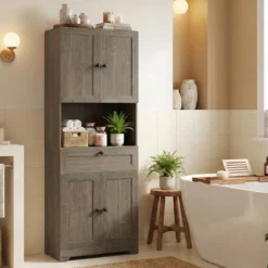 Hochschrank mit 4 Türen & 1 Schublade & Offenes Fach & 3-Fach Verstellbares Regal Grau