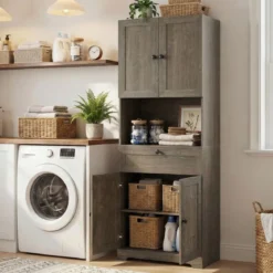 Hochschrank mit 4 Türen & 1 Schublade & Offenes Fach & 3-Fach Verstellbares Regal Grau