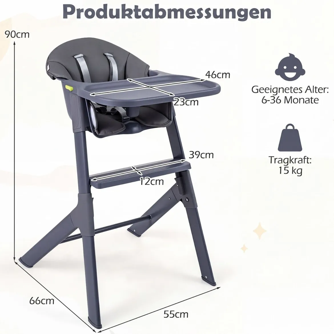 Hochstuhl Baby 3 in 1 Kinderstuhl mit Verstellbarem Tablett & Fußstütze bis 15 kg Grau