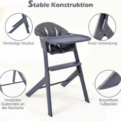 Hochstuhl Baby 3 in 1 Kinderstuhl mit Verstellbarem Tablett & Fußstütze bis 15 kg Grau