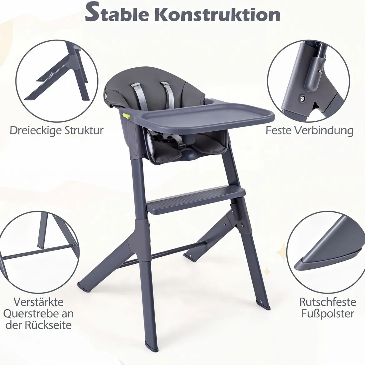 Hochstuhl Baby 3 in 1 Kinderstuhl mit Verstellbarem Tablett & Fußstütze bis 15 kg Grau