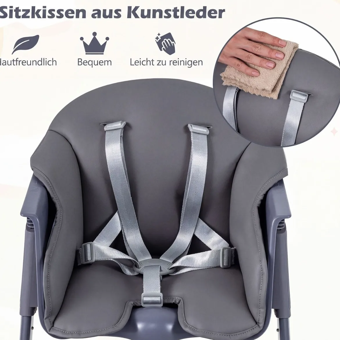 Hochstuhl Baby 3 in 1 Kinderstuhl mit Verstellbarem Tablett & Fußstütze bis 15 kg Grau